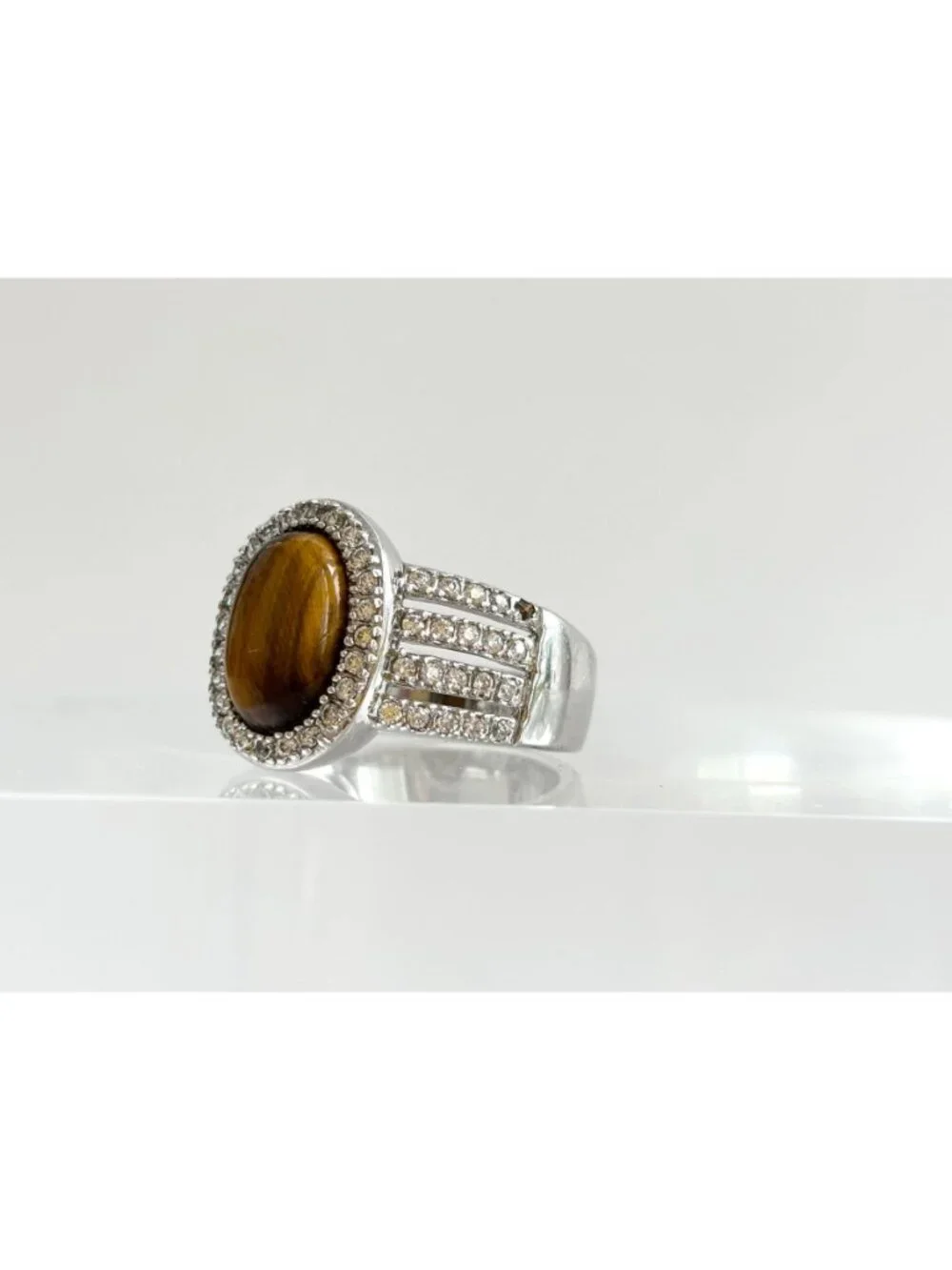 Genuine Tiger's Eye Gemstone Open Shank Sterling Silver 925 Vintage Ring - sz 8
